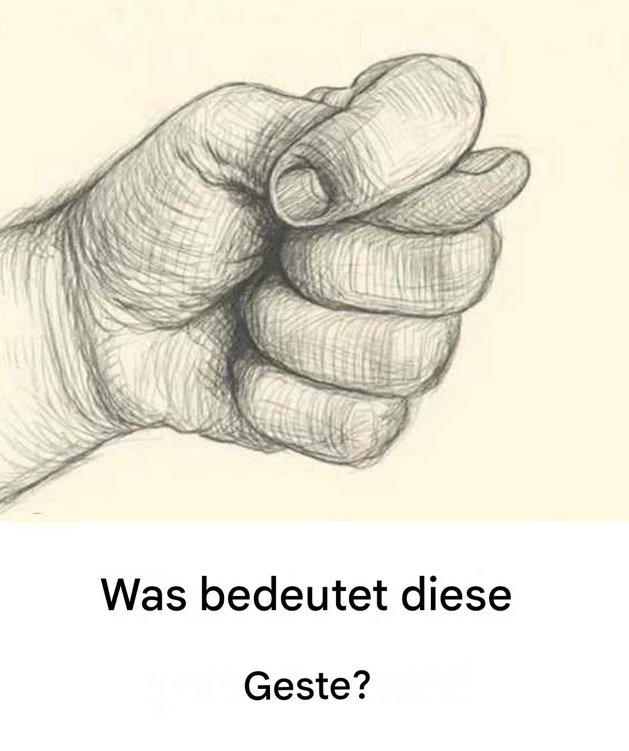 Was bedeutet diese Geste, bei der der Daumen zwischen den Fingern eingeklemmt ist?    Wir alle kennen es: eine geballte Faust, bei der der Daumen zwischen Zeige- und Mittelfinger eingeklemmt ist. Eine kleine, fast kindliche Geste … und doch voller überraschender Symbolik. Heute etwas in Vergessenheit geraten, hat diese Geste Epochen, Regionen und sogar Familien überdauert. Manchmal bedeutete sie „Nein“, manchmal „Pass auf dich auf“, manchmal „Nur ein Scherz“. Wie kann ein einfacher, angewinkelter Daumen so viele Geschichten erzählen? Das werden wir gemeinsam herausfinden.  Ein höfliches, aber bestimmtes „Nein“ aus einer anderen Zeit. Vor einigen Generationen wurde das Feigenzeichen hauptsächlich verwendet, um Ablehnung auszudrücken, ohne dabei abrupt zu wirken. Es war eine Art zu sagen: „Von mir bekommst du nichts“, ohne Spannungen zu erzeugen.  In vielen französischen Dörfern des 19. Jahrhunderts wurde diese Geste diskret eingesetzt, um eine Bitte abzulehnen, Druck zu mindern oder Unmut auszudrücken, ohne die Stimme zu erheben. Man denke nur an einen allzu neugierigen Nachbarn oder einen aufdringlichen Verkäufer: Eine einfache Geste hinter dem Fenster genügte, um alles zu sagen. Kein Ausbruch, kein Konflikt … nur eine subtile, ironische Geste.  Die Fortsetzung finden Sie auf der nächsten Seite.